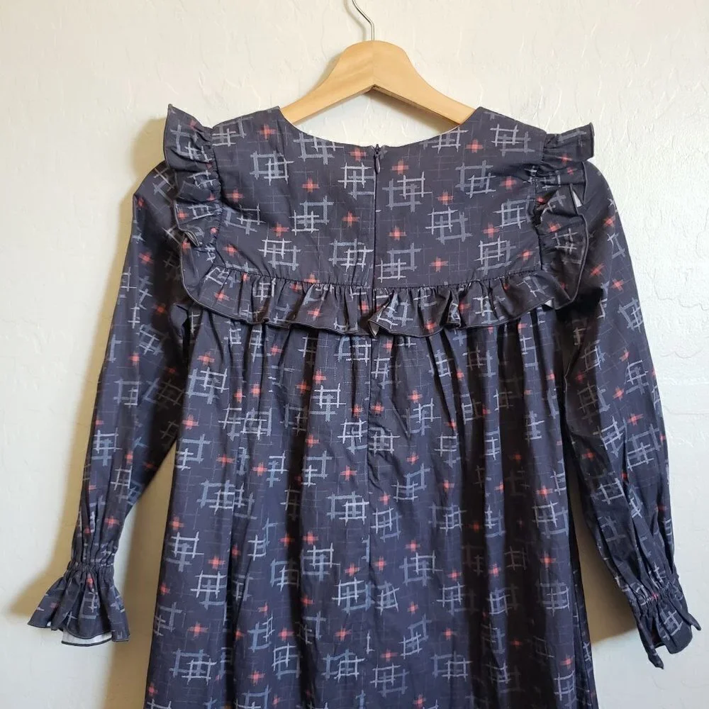 Wren & James Ruffle Bib Long Sleeve Cotton Shift Dress Navy Blue Sz Kids 10 NEW